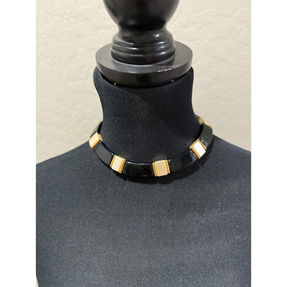 Napier Jet Pearl Choker Necklace Black White Gold-Tone Square Rectangle